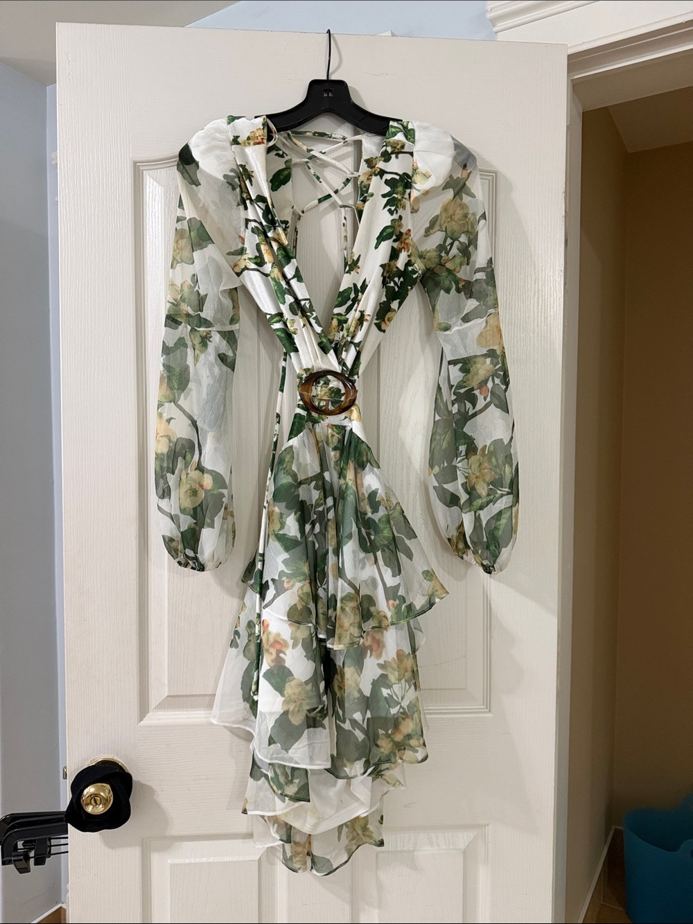 Luxxel White Floral V-Neck Tiered Chiffon Dress with Green Leaves